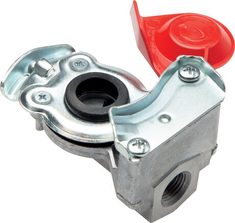 Exemplarische Darstellung: Kupplungsköpfe für Druckluftbremsen, Vorrat (rot) für Anhänger, DIN 74342