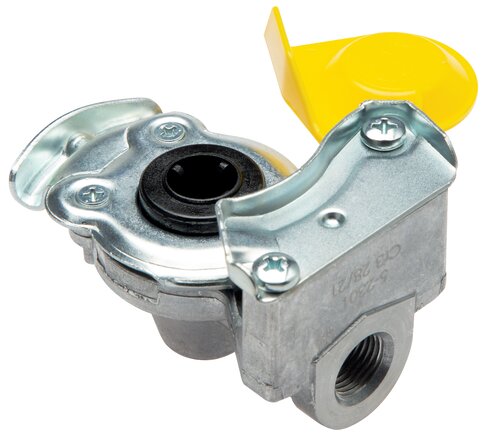 Exemplarische Darstellung: Kupplungsköpfe für Druckluftbremsen, Bremse (gelb) für Zugmaschinen, DIN 74254