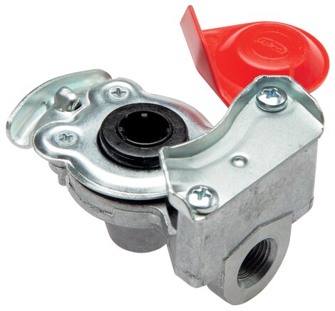 Exemplarische Darstellung: Kupplungsköpfe für Druckluftbremsen, Vorrat (rot) für Zugmaschinen, DIN 74254