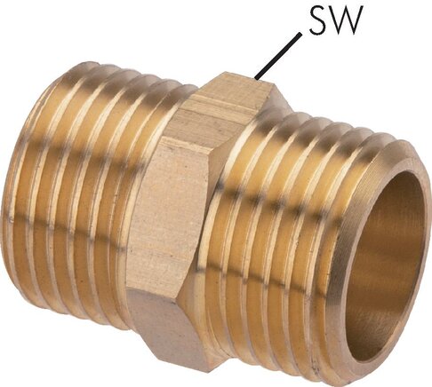 Exemplarische Darstellung: Doppelnippel mit zylindrischem Gewinde, flach dichtend, Messing