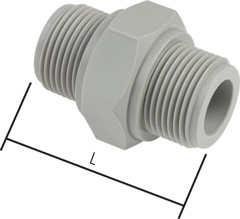Exemplarische Darstellung: Doppelnippel mit zylindrischem Gewinde, Polypropylen (G 3/4" bis G 1 1/2")