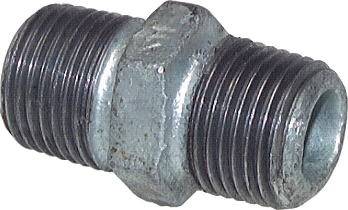 Exemplarische Darstellung: Doppelnippel mit konischem Gewinde, Temperguss verzinkt, Typ 280/N8