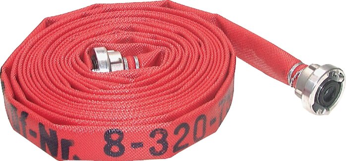 Exemplarische Darstellung: Feuerlöschschlauch (rot) mit Storz-Kupplung und Meterware