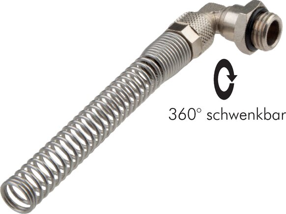 Exemplarische Darstellung: CK-Winkel-Schlauch-Drehverschraubung mit Knickschutz und zylindrischem Gewinde, Messing vernickelt