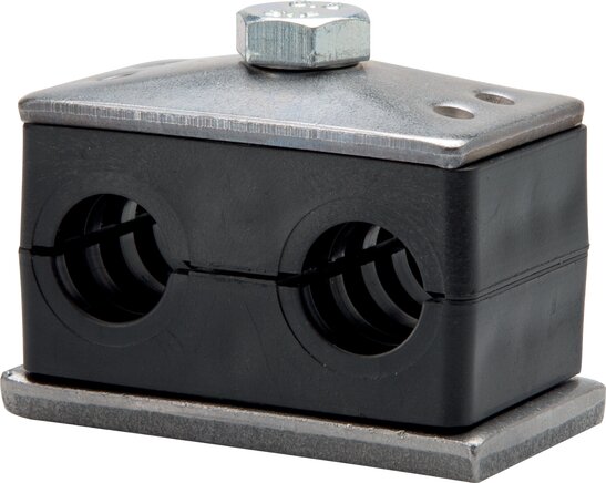 Exemplarische Darstellung: Doppelrohrschelle mit Anschweißplatte & Deckplatte