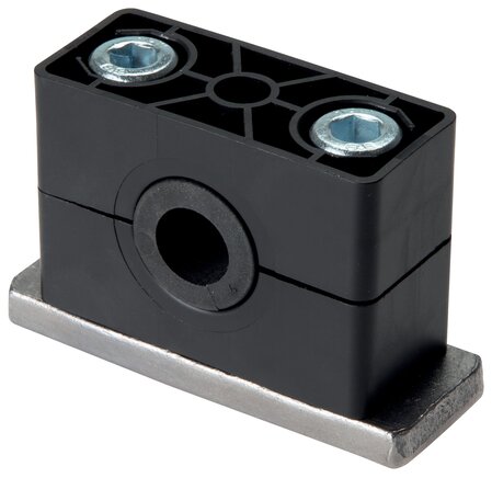 Exemplarische Darstellung: Rohrschelle mit Elastomereinsatz, schwere Baureihe, mit Anschweißplatte