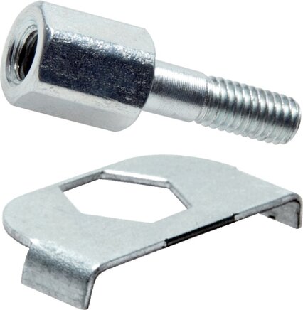 Exemplarische Darstellung: Zubehör für Rohrschellen, Aufbauschraube mit Sicherungsblech (je Klemmbackenpaar werden 2 Stück benötigt*)