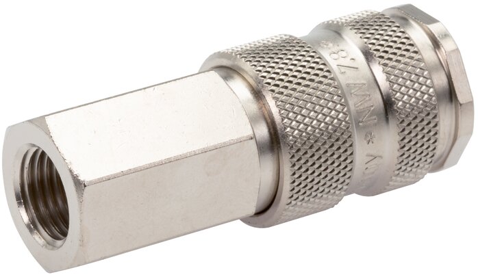 Exemplarische Darstellung: Kupplungsdosen mit Innengewinde, Kugelverriegelung, Stahl gehärtet vernickelt / Messing vernickelt