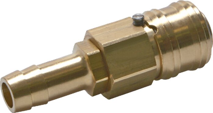 Exemplarische Darstellung: Kupplungsdose mit Verriegelung gegen unbeabsichtigtes Entkuppeln, mit Schlauchtülle und Verriegelung, Messing