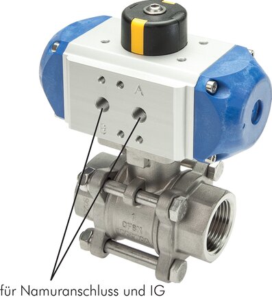 Exemplarische Darstellung: Edelstahl-Kugelhahn mit pneumatischem Schwenkantrieb