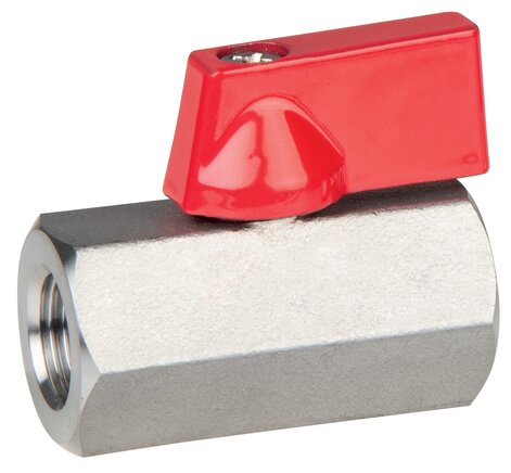 Exemplarische Darstellung: Edelstahl-Mini-Kugelhahn mit Knebelgriff einseitig, Innengewinde