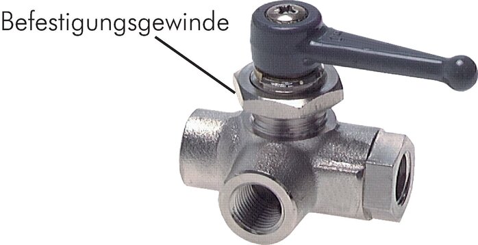 Exemplarische Darstellung: 3-Wege Kugelhahn, mit Befestigungsgewinde