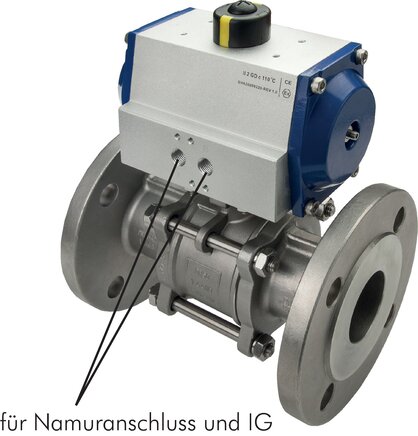 Exemplarische Darstellung: Edelstahl-Flanschkugelhahn (3-teilig) mit pneumatischem Schwenkantrieb