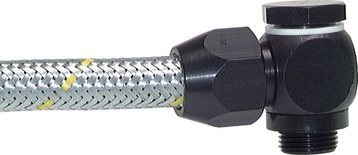 Exemplarische Darstellung: L-Einschraubverschraubung mit zylindrischem Gewinde für Silberschlauch, metallumflochtener Schlauch