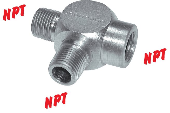 Exemplarische Darstellung: T-Stück mit NPT-Gewinde (innen/außen/außen), Stahl verzinkt