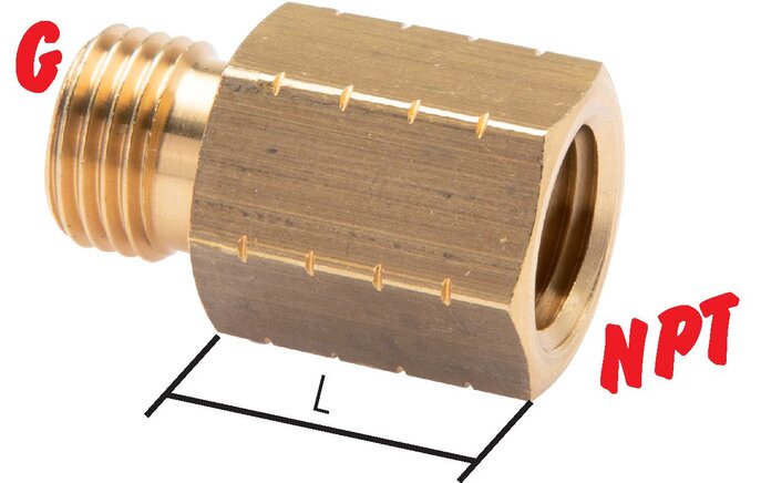 Exemplarische Darstellung: Reduziernippel mit G-Gewinde / NPT-Gewinde, Messing