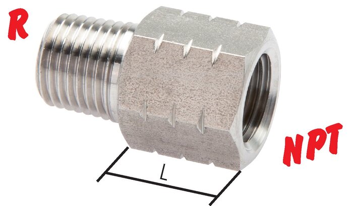 Exemplarische Darstellung: Reduziernippel mit G-Gewinde / NPT-Gewinde, 1.4571