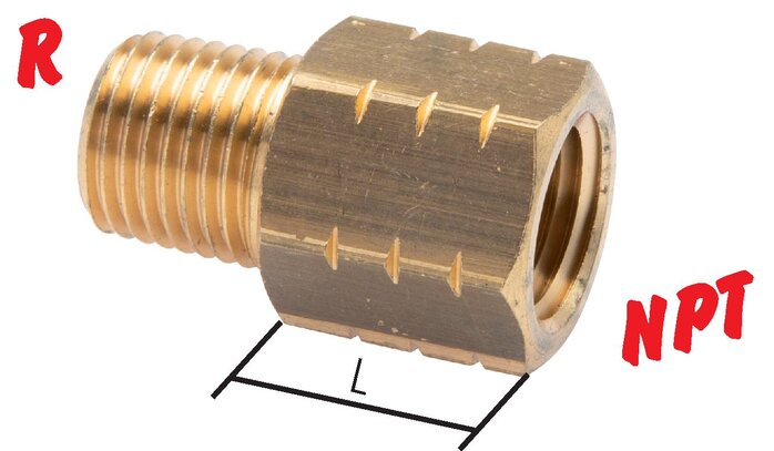 Exemplarische Darstellung: Reduziernippel mit G-Gewinde / NPT-Gewinde, Messing