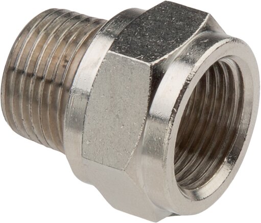 Exemplarische Darstellung: Gewindevergrößerung mit konischem Außen- und zylindrischem Innengewinde, Messing vernickelt