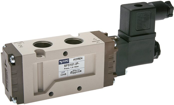 Exemplarische Darstellung: 5/2-Wege Magnetventil mit Federrückstellung