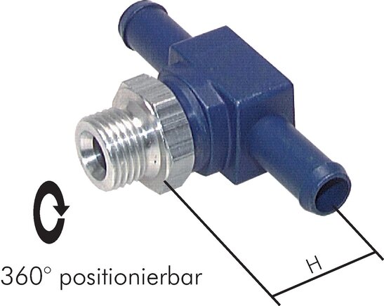 Exemplarische Darstellung: Schwenkbare T-Stecknippelverschraubung für PUR-, PUN- und PA-Schlauch, Zamak / Aluminium eloxiert