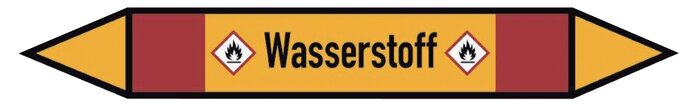 Exemplarische Darstellung: Rohrleitungskennzeichnung (Doppelpfeil), Wasserstoff (GHS 02)
