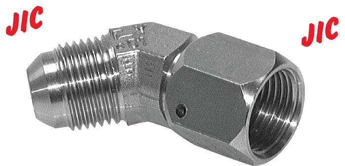 Exemplarische Darstellung: Winkel-Verschraubung 45° mit JIC-Gewinde (innen/außen), 1.4571