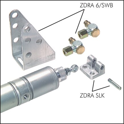 Exemplarische Darstellung: ZDRA 6/SWB (Schwenkbefestigung mit Winkel-Rohrverschraubung), ZDRA SLK (Schwenklager für Kolbenstange)